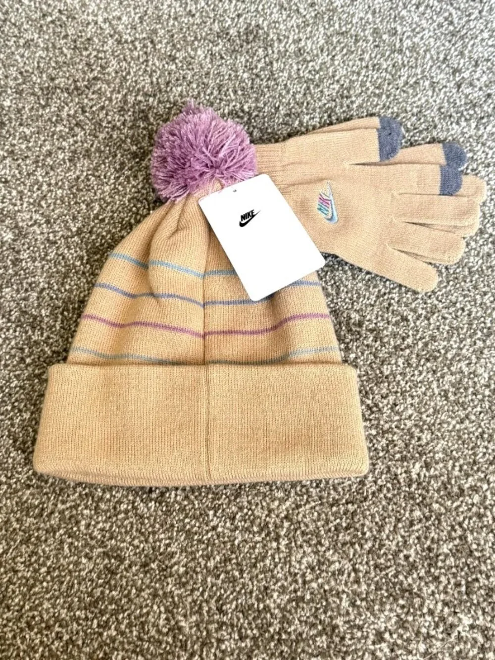 Nike Kids 2-Piece Winter Set Beige Striped Beanie Pom Touchscreen Gloves NWT